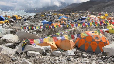 Tents set up on a glacier at a base camp of Mt Everest in Nepal. 