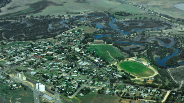 Jeparit, by the Wimmera River, pictured from above after heavy rains in 2011.