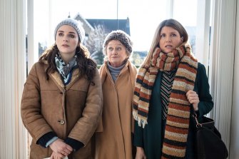 Aisling Bea, who wrote This Way Up, also stars as the hilarious-but-fragile Aine. She’s pictured with Sorcha Cusack and Sharon Horgan.