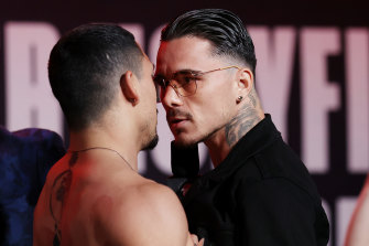 Teofimo Lopez and George Kambosos jnr  face off during a press conference in April.