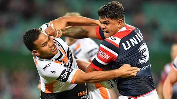 Rooster booster: Latrell Mitchell gave the Tigers nightmares at the SCG last Saturday night.
