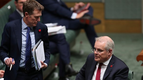 Attorney-General Christian Porter (left) and Prime Minister Scott Morrison during Question Time.  