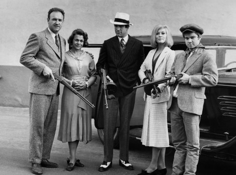 From left, actors Gene Hackman as Buck Barrow, Estelle Parsons as Blanche Barrow, Warren Beatty as Clyde Barrow, Faye Dunaway as Bonnie Parker and Michael J. Pollard as C. W. Moss in  'Bonnie and Clyde', 1967.   
