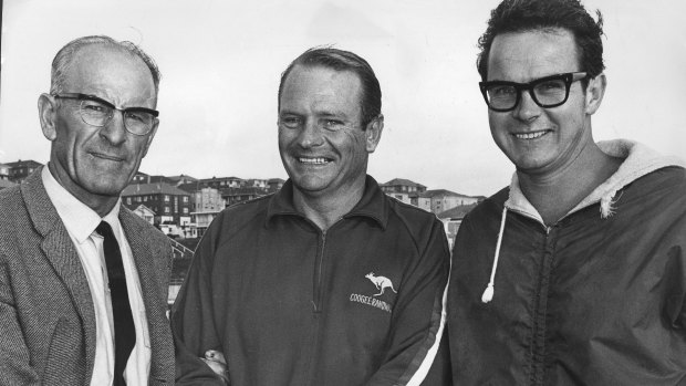 Marathon swimmer Des Renford (centre) with coach Tom Caddy (left) and handler Ken Ryder before his English Channel crossing in 1970.