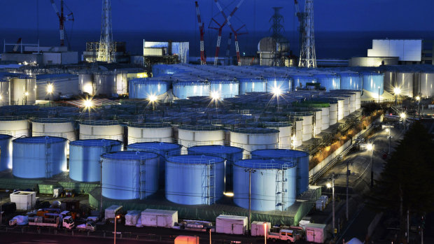 Tanks containing contaminated water that has been treated at the Fukushima nuclear plant in Okuma town, Fukushima prefecture, northeastern Japan. 