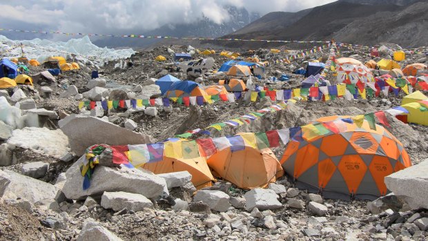 Tents set up on a glacier at a base camp of Mt Everest in Nepal. 