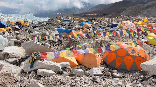 Tents set up on a glacier at a base camp of Mt Everest in Nepal. 