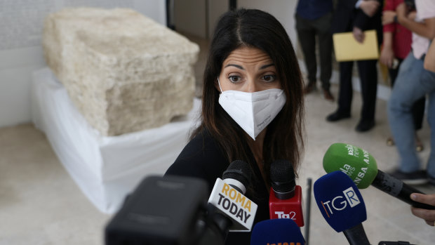Rome’s Mayor Virginia Raggi, answers questions, during the presentation of the archeological finding at a Mausoleum in Rome.