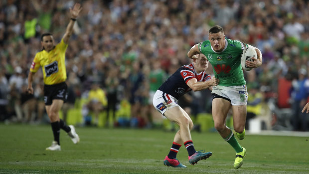 Referee Gerard Sutton signals last tackle during the key moment of the 2019 NRL grand final.