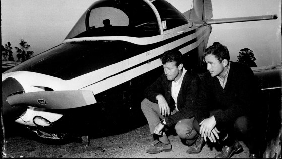 Pilot Keith Fitton, left, after an emergency landing in Cronulla in 1969.