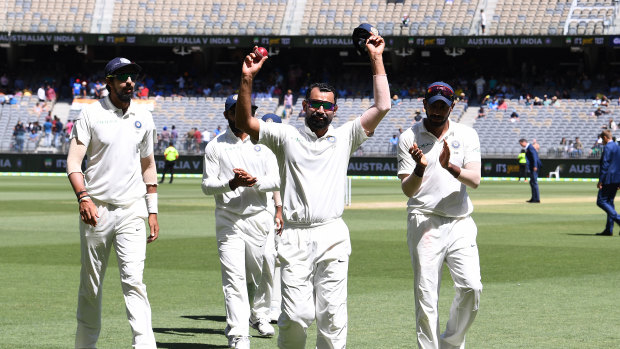 Mohammed Shami celebrates his 6 wickets at the change of innings on day four.