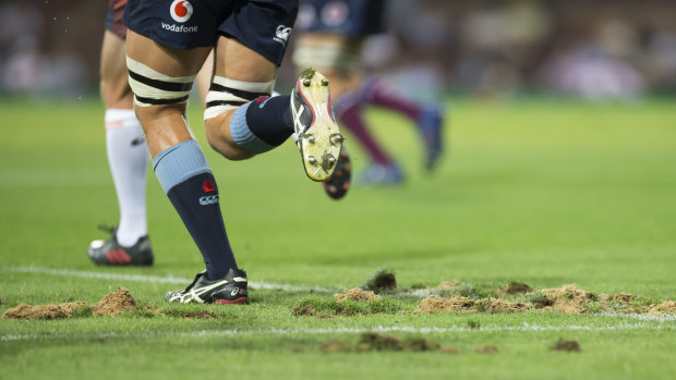 Chewed up: The SCG surface was below par on Saturday evening during the NSW Waratahs and Queensland Reds Super Rugby match. 