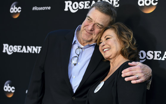 Co-stars John Goodman and Roseanne Barr at the Los Angeles premiere of Roseanne in March.