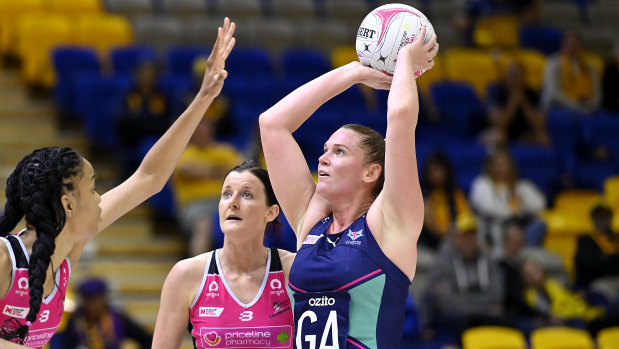 Sharp shooter: Adelaide's Caitlin Thwaites lines up an attempt on goal against the Vixens.