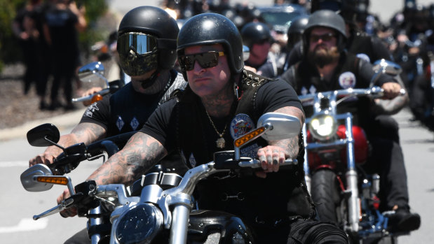 Hundreds of bikies rode from the funeral home in north Perth to Pinneroo Valley Memorial Park.