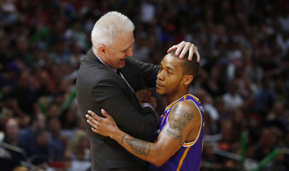 Kings coach Andrew Gaze and Jerome Randle during Round 19 of the NBL.