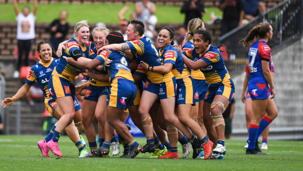 The Eels mob maddie Studdon after her last-gasp field goal.