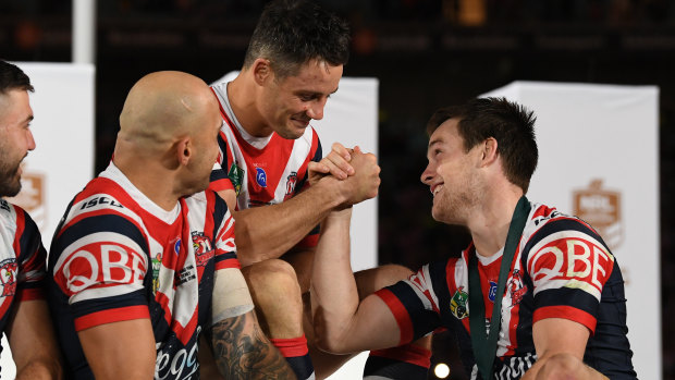 Well played: Clive Chruchill Medallist Luke Keary (right) shakes hands with Cronk after a job well done.