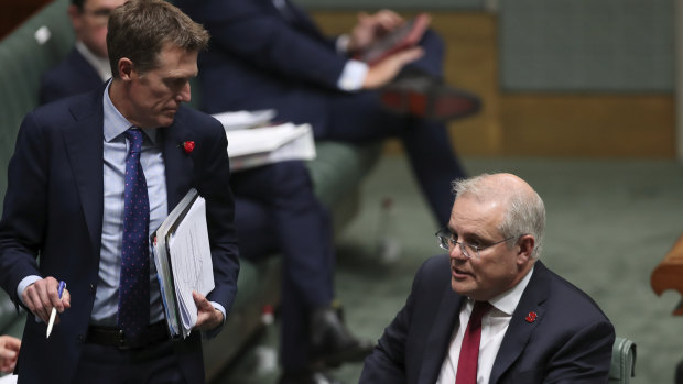 Attorney-General Christian Porter (left) and Prime Minister Scott Morrison during Question Time.  