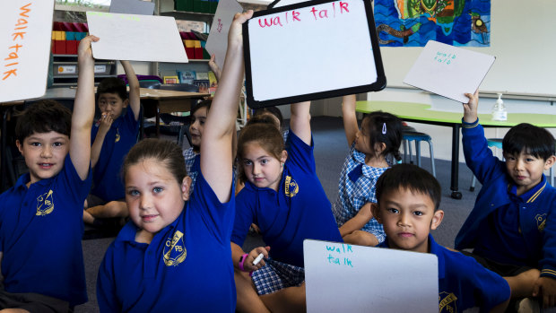 Year 1 students at Oatley Public School use their knowledge of phonics to spell on their whiteboards.