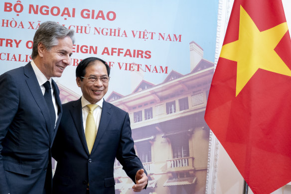 US Secretary of State Antony Blinken, left, and Vietnam’s Foreign Minister Bui Thanh Son meet at the Government Guest House in Hanoi, Vietnam.