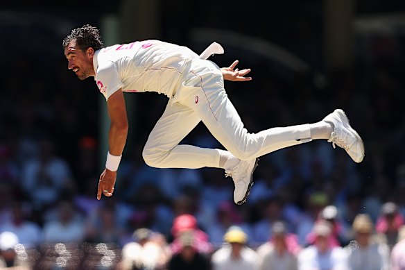 Mitchell Starc in full flight during the fifth Ashes Test in January.