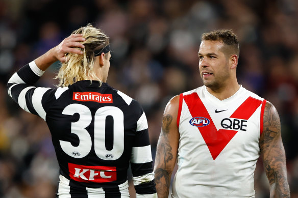 Lance Franklin and Darcy Moore on Sunday.