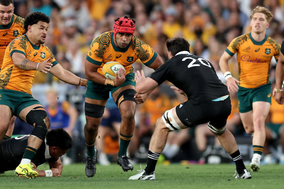 Langi Gleeson carries the ball in the first Bledisloe clash in Sydney.