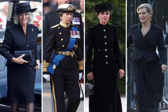 Camilla, the Queen Consort, Princess Anne, the Princess Royal, Catherine, the Princess of Wales, and Sophie, the Countess of Wessex.