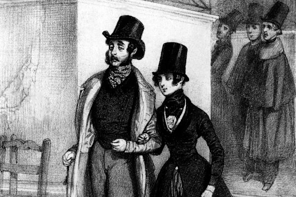 George Sand (right) dressed as a student, with her lover Jules Sandeau in Paris, circa 1831, engraving by Paul Gavarni.