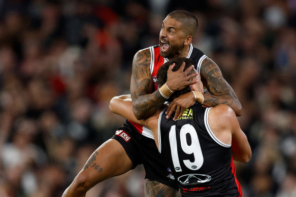 Bradley Hill of the Saints celebrates a goal.