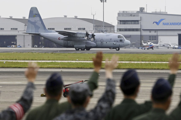 A Japan Air Self-Defence Force C-130 transport plane takes off from Komaki air base in central Japan on Friday to evacuate Japanese nationals from Sudan.