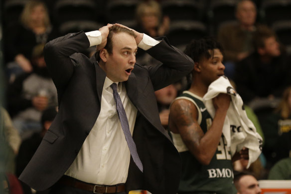 Chase Buford reacts to a call when coaching of the Wisconsin Herd in an NBA G-League game in 2019.