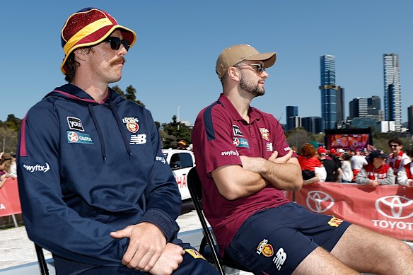 Former Essendon teammates Joe Daniher and Conor McKenna became Brisbane Lions premiership players last year.