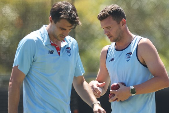 Pat Cummins and Josh Hazlewood at Blues training recently.