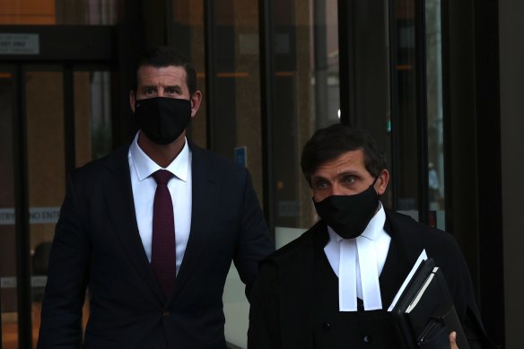 Ben Roberts-Smith and his barrister Arthur Moses, SC, leaving the Federal Court on Monday.