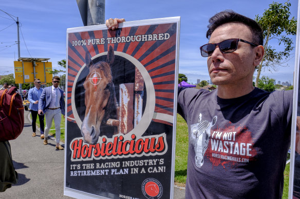 Anti-horse racing protesters rallied at Newmarket reserve. 