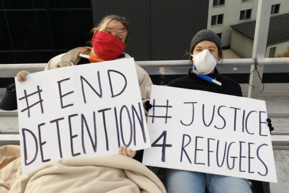 Refugee activists on the roof of the Mantra hotel in Preston on Tuesday.