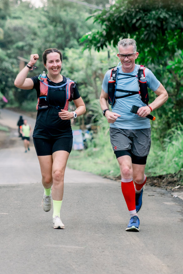  Jacqui Mooney running the Bali ultramarathon in September in her late husband Jason’s place and with his best friend, David Jones. 