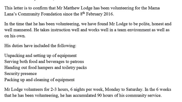 A letter detailing volunteer work undertaken by Matt Lodge.