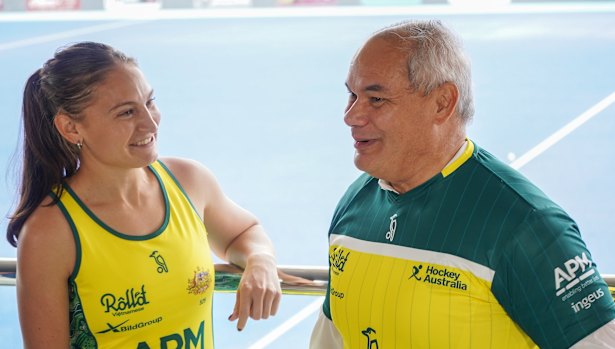 Hockeyroos player Jade Smith and Mayor Tom Tate at the Gold Coast Hockey Centre on Monday.