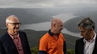 Ross and Anthony Garnaut, director and chief executive of Zen Energy, stand on either side of the WaterNSW chief Andrew George at the site of the proposed Western Sydney pumped hydro project.