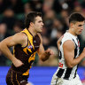 Finn Maginness did a great job shadowing Nick Daicos in Hawthorn’s upset round 21 win over Collingwood.