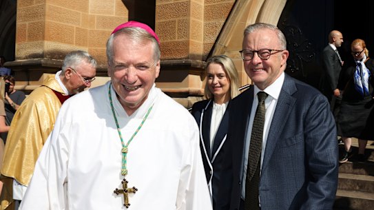 Archbishop of Sydney Anthony Fisher, Jodie Haydon and Prime Minister Anthony Albanese after Easter Mass in Sydney.