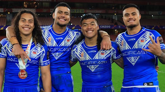 Jarome Luai, Stephen Crichton, Brian To’o and Spencer Leniu playing for Samoa at the 2022 World Cup.