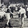 Australia and Palestine shake hands before a soccer match in Sydney, on July 31, 1939.