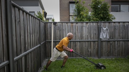 Om Dhungel tackles his back yard at Fairwater, Blacktown.