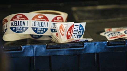 "I Voted" stickers at a polling location for the 2020 presidential election in Miami, Florida.