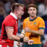 LYON, FRANCE - SEPTEMBER 24: Nick Tompkins of Wales celebrates scoring his team’s second try during the Rugby World Cup France 2023 match between Wales and Australia at Parc Olympique on September 24, 2023 in Lyon, France. (Photo by Alex Livesey/Getty Images)