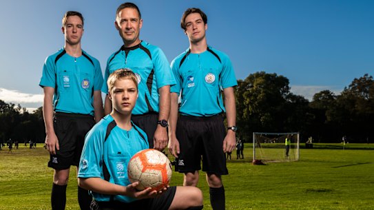 Soccer referees Daniel Emeleus, Rowan Emeleus, Tom Emeleus and Aidan Emeleus.